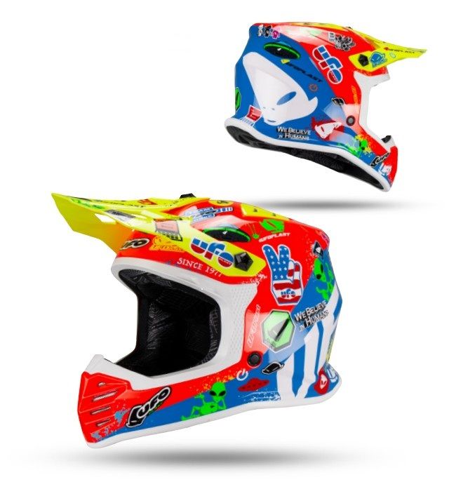 UFO 2026/01 Helmet Korey Cross Youth Rozmiar M Homologacja ECE 22R06, Zapiecie Mikrometryczne - Kolekcja 2026 - Blue/Red/Neon Yellow