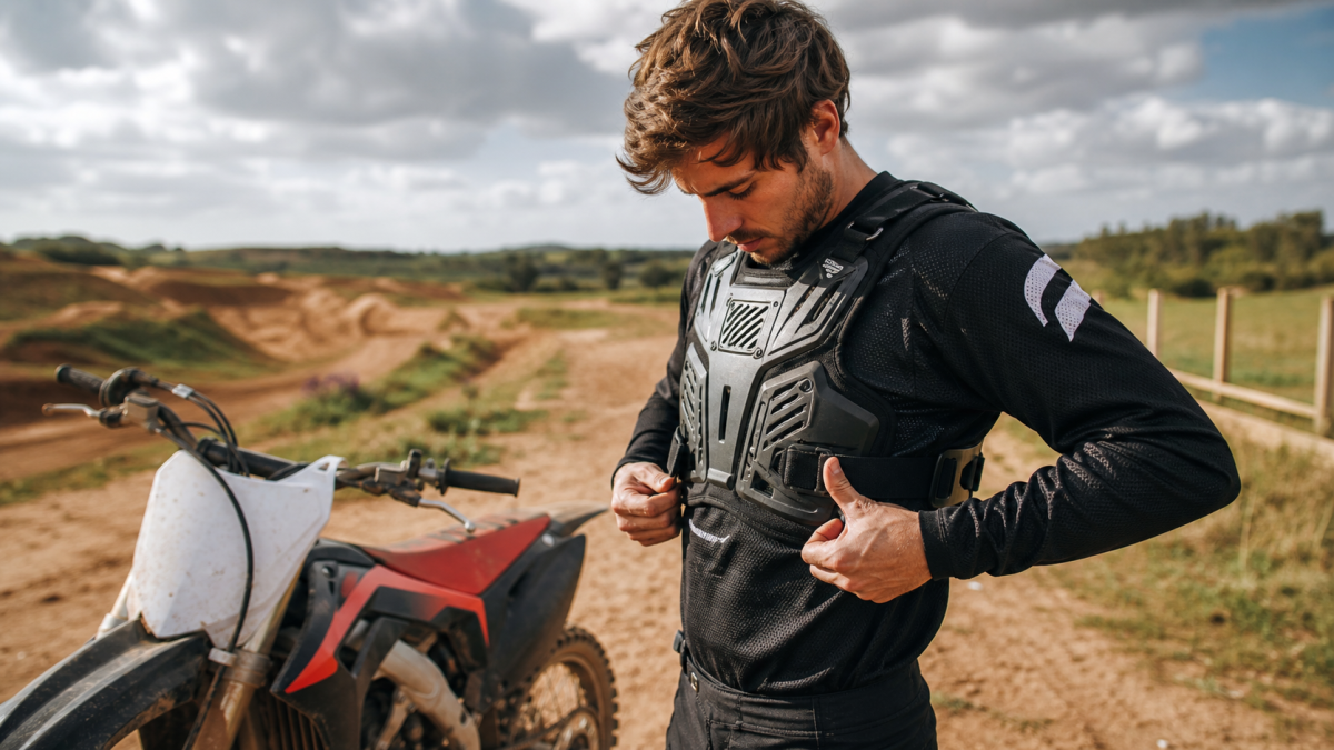 Motocross rider adjusting body armor and chest protector before riding