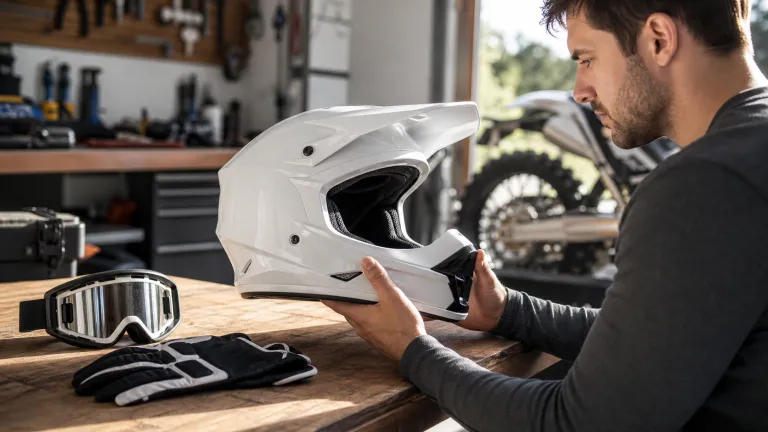 ECE 22.06 Motocross Helmet Guide: What Riders Should Check 2 Clean motocross helmet inspected for fit and safety beside goggles and gloves