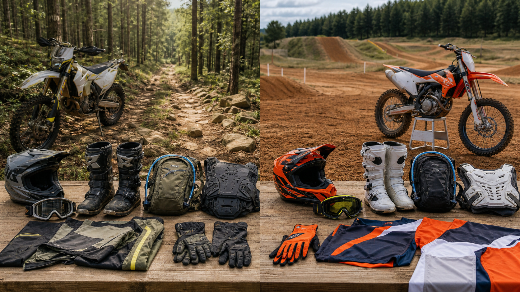 Enduro and motocross riding gear laid out side by side near trail and track terrain
