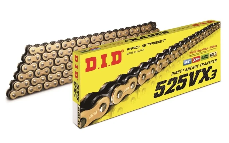 DID Drive Chain 525VX3GB-114 Links X-RING Gold Open with Rivet Link